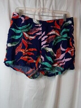 Navy Blue Tropical Leaf Print Shorts Flowy Summer Beach Lake Large Pink Green